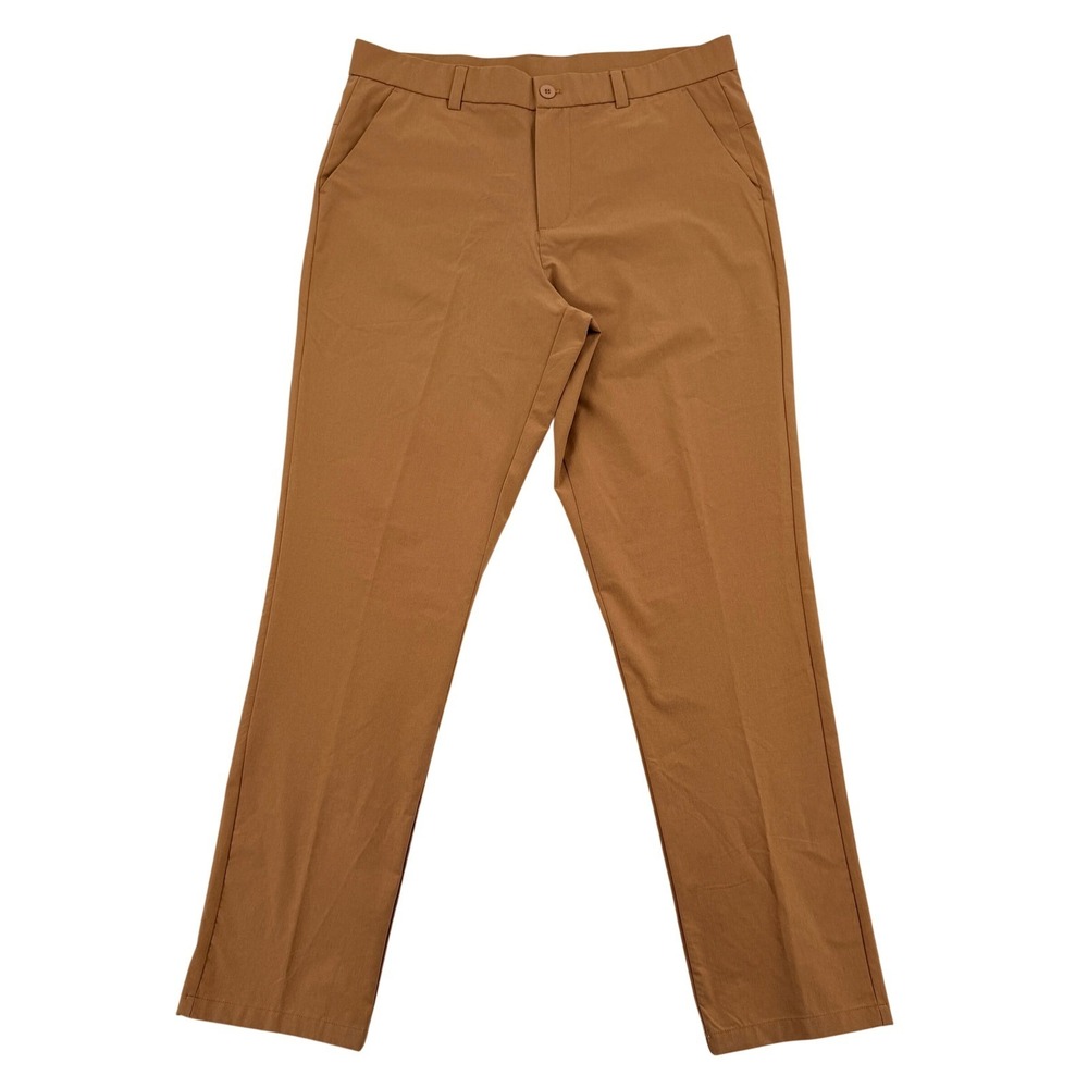 Pudolla Mens 32x34 Golf Pants Camel Brown Performance Slacks Flat Front Chino